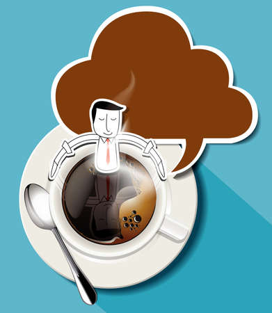 Vector of aroma coffee. Businessman sit in coffee cup.のイラスト素材