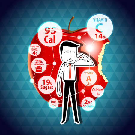 Vector of businessman standing in front an apple with nutrition facts serving size 1 medium apple. Clean Eating concept.のイラスト素材