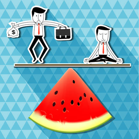 Vector of businessman holding money dollar sign and bag work balacncing with businessman doing yoga on watermelon scales balance. idea balance your healthy life business conceptのイラスト素材