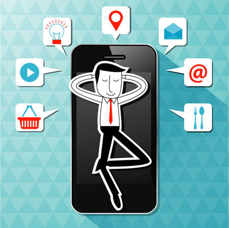 Vector of businessman lie on smartphone with application icon. Make your life easier concept.のイラスト素材