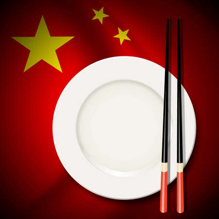 Vector of White plate with chopsticks  on Chinese flag background. The national food concept.のイラスト素材