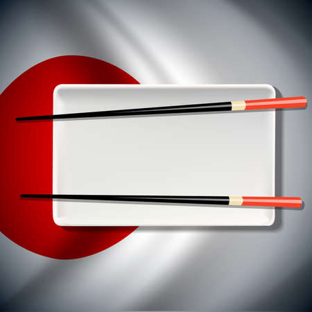 Vector of White plate with chopsticks on Japanese flag background. The national food concept.のイラスト素材