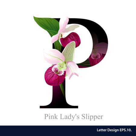 Letter P vector alphabet with pink ladys slipper  flower. ABC concept type as logo. Typography designのイラスト素材