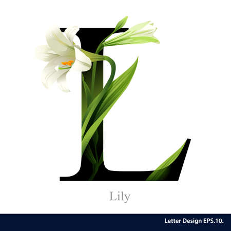 Letter L vector alphabet with lily flower. ABC concept type. Typography designのイラスト素材
