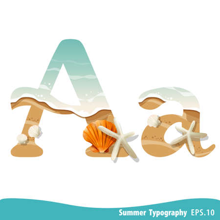 Summer alphabet Letter A. Seashells on the beach. Vector illustration.のイラスト素材