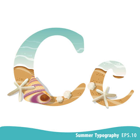 Summer alphabet Letter C. Seashells on the beach. Vector illustration.のイラスト素材