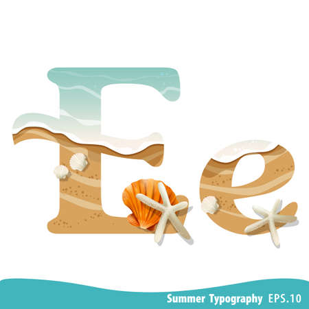 Summer alphabet Letter E. Seashells on the beach. Vector illustration.のイラスト素材