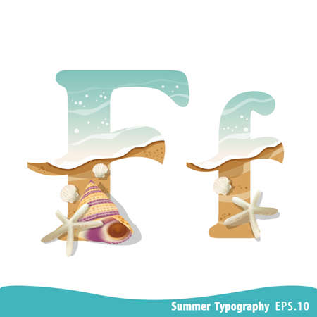 Summer alphabet Letter F. Seashells on the beach. Vector illustration.のイラスト素材
