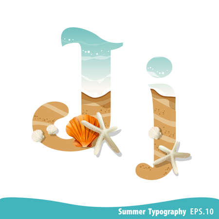 Summer alphabet Letter J. Seashells on the beach. Vector illustration.のイラスト素材