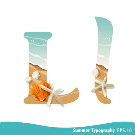 Summer alphabet Letter L. Seashells on the beach. Vector illustration.のイラスト素材