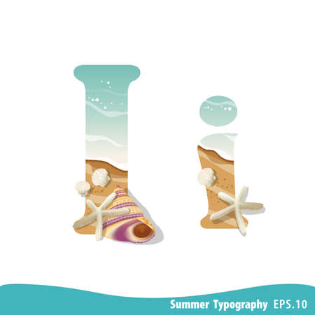 Summer alphabet Letter I. Seashells on the beach. Vector illustration.のイラスト素材