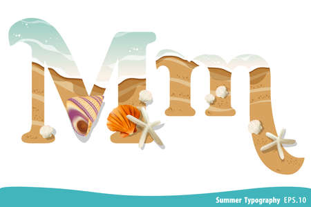Summer alphabet Letter M. Seashells on the beach. Vector illustration.のイラスト素材