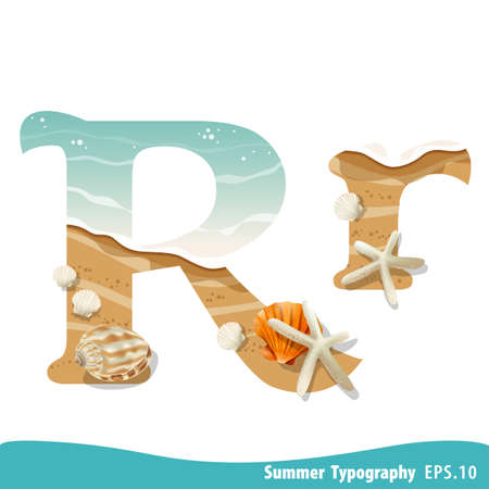 Summer alphabet Letter R. Seashells on the beach. Vector illustration.のイラスト素材