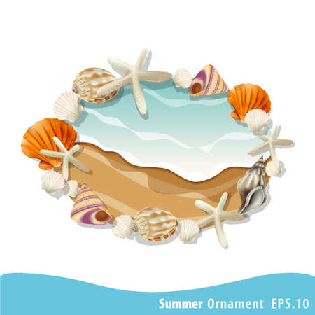 Summer vector seashell frame oval form. Decorative vector boarder for greeting cardsのイラスト素材