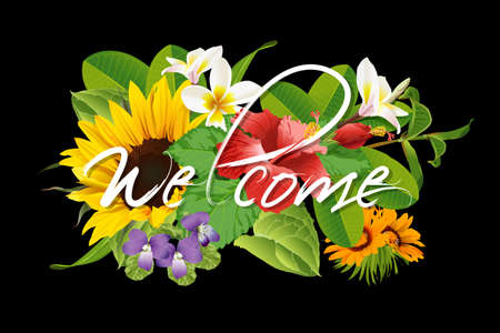 freehand letters of welcome text doodles on flora.のイラスト素材