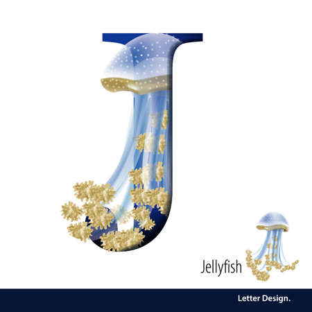 illustration of Letter J for Jellyfish alphabet. English abc with animals Education on White background.のイラスト素材