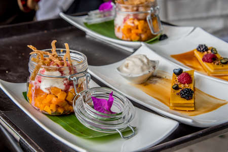 Selection of desserts at a catered event with cakes, mango, churros and ice cream garnished with fresh fruit and served on modern rectangular platesの写真素材