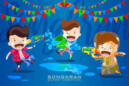 Vector Illustration for âSongkranâ or âWater Festivalâ in Thailand and many other countries in Southeast Asia with cute cartoon in the colorful shirt take a water gun to splashing water at each otherのイラスト素材
