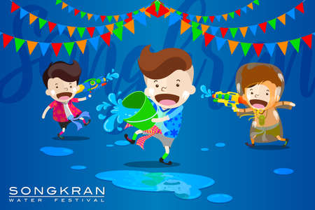 Vector Illustration for âSongkranâ or âWater Festivalâ in Thailand and many other countries in Southeast Asia with cute cartoon in the colorful shirt take a water gun to splashing water at each otherのイラスト素材