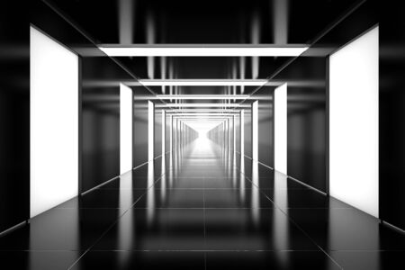 Futuristic architecture interior in black with bright lightsの写真素材