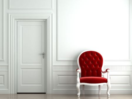 red velvet armchair on classic white wall interiorの写真素材