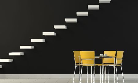 interior design black wall with white stairs and four yellow chairs