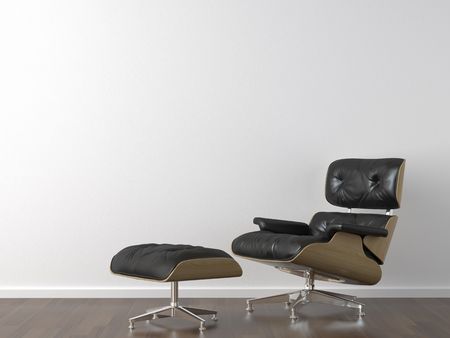 interior design of classic black leather armchair on white wall with copy spaceの写真素材