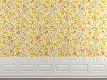 Interior scene of flowery wallpaper and white molding wall with copy space ideal for background use.の写真素材