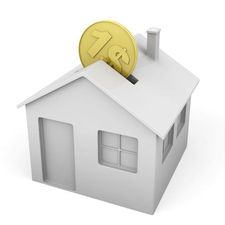 house shaped money box with a coin as concept for mortgage or real state investmentの写真素材