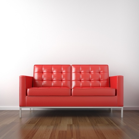 interio of red leather couch in a white roomの写真素材