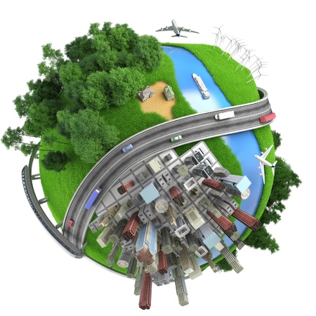 concept miniature globe showing the various modes of transport and life styles in the world, isolated on white background concept miniature globe showing the various modes of transport and life styles in the world, isolated on white background