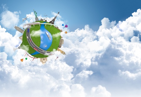 world travel globe concept with landmarks flying above the clouds
