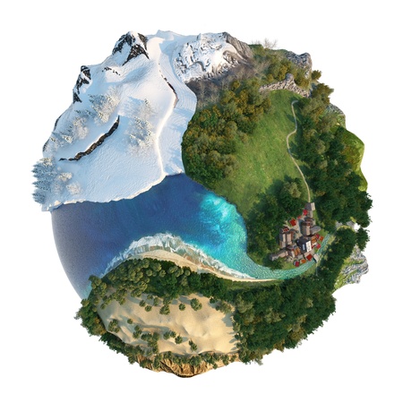 Isolated conceptual globe with diversity in natural landscapes and environments see my others mini-word conceptsの写真素材