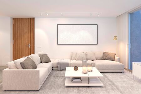 3d render of white and grey living room modern interior design with copy spaceの写真素材