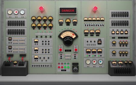 Vintage control room panel with lots of ligths, gauges, knobs and buttons showing danger warnings....