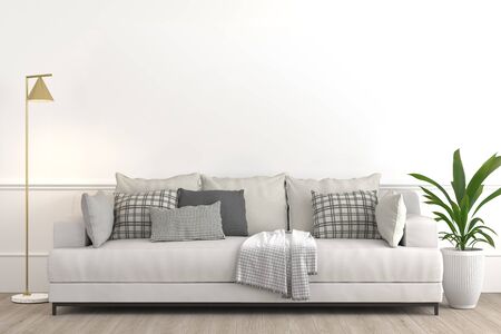 Interior design setup, modern elegant living-room consisting of white couch with various pillows and textiles, lamp and plant on a pot on white empty wall for mock up 3d render.の写真素材