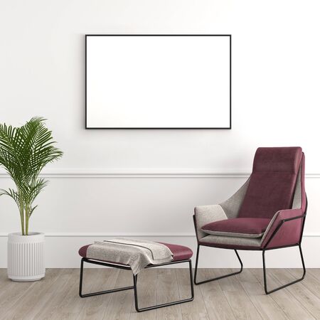 Interior design modern and elegant consisting of armchair with footrest and tropical plant on a pot...