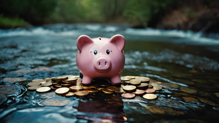Piggy bank with coins on the background of a mountain riverの素材