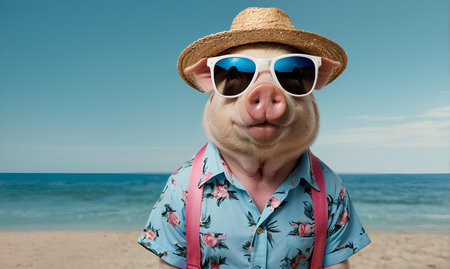 Portrait of a pig wearing sunglasses and straw hat on the beachの素材