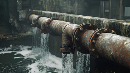 Abandoned water treatment plant. Close-up of rusty pipes.の素材