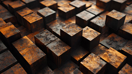 3d rendering of abstract metallic cubes background in black and brown colorsの素材