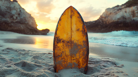 Surfboard on the beach at sunset. Vintage stylized photoの素材