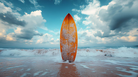 Surfboard on the beach at sunset. 3D Renderingの素材