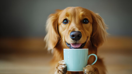 Cocker Spaniel dog with cup of coffee or tea at homeの素材