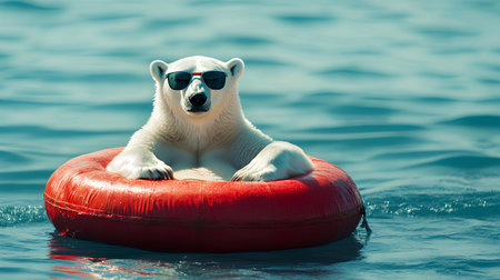 Polar bear in sunglasses on the inflatable ring in the seaの素材