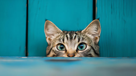 Cute cat with green eyes on a blue wooden background. Selective focus.の素材