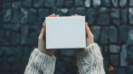 Female hands holding a white gift box on the background of a stone wallの素材