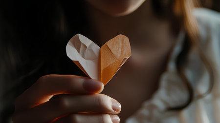 Close up of paper heart in the hands of a young woman.の素材