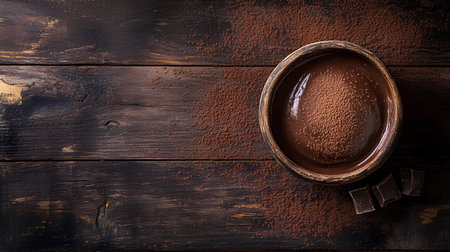Cocoa powder in a wooden bowl on a dark wooden background. Top view.の素材