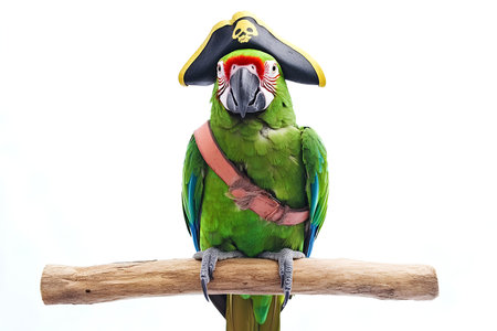 Green parrot in a pirate hat on a white background, isolatedの素材